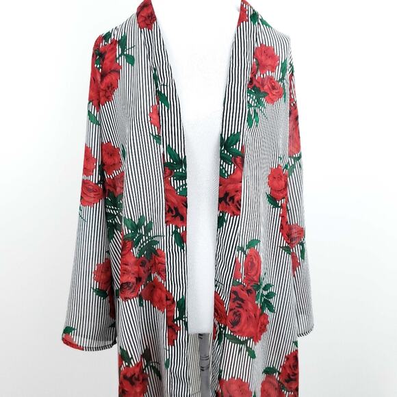 Jorja Floral Long Kimono Red Roses Black Stripes Small Excellent Condition - Picture 4 of 7